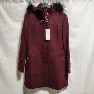 Cole Haan Women's Wool Duffle Coat with Faux Fur Trimmed Hood | 10 | NWT